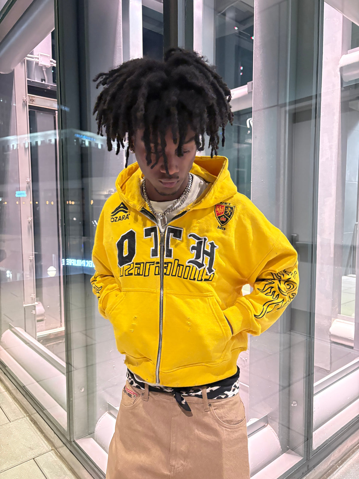 Yellow Leather Patch Zip Up