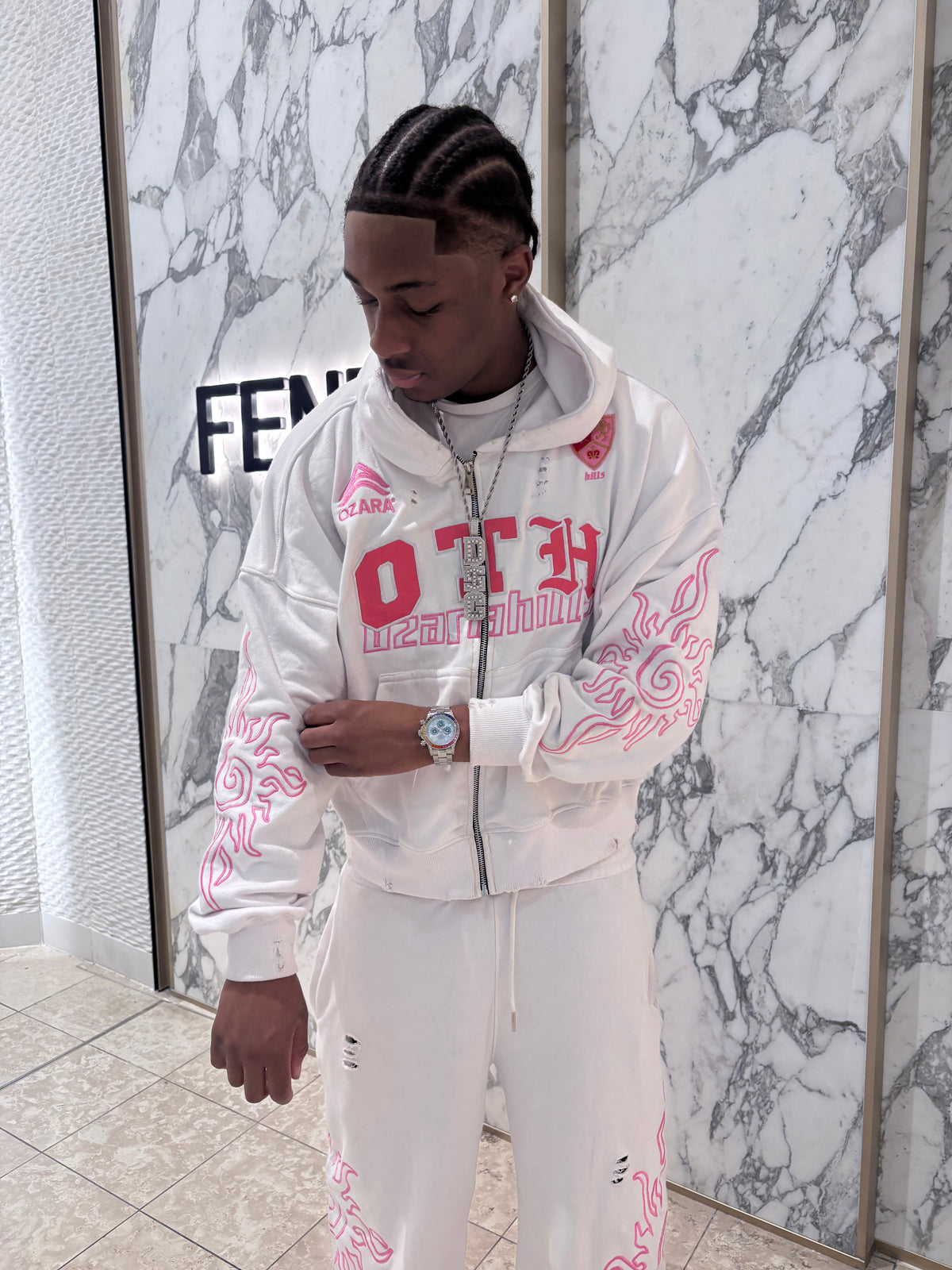 White Leather Patch Zip Up