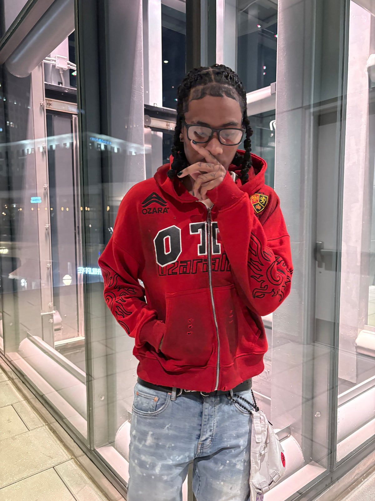 Red Leather Patch Zip Up