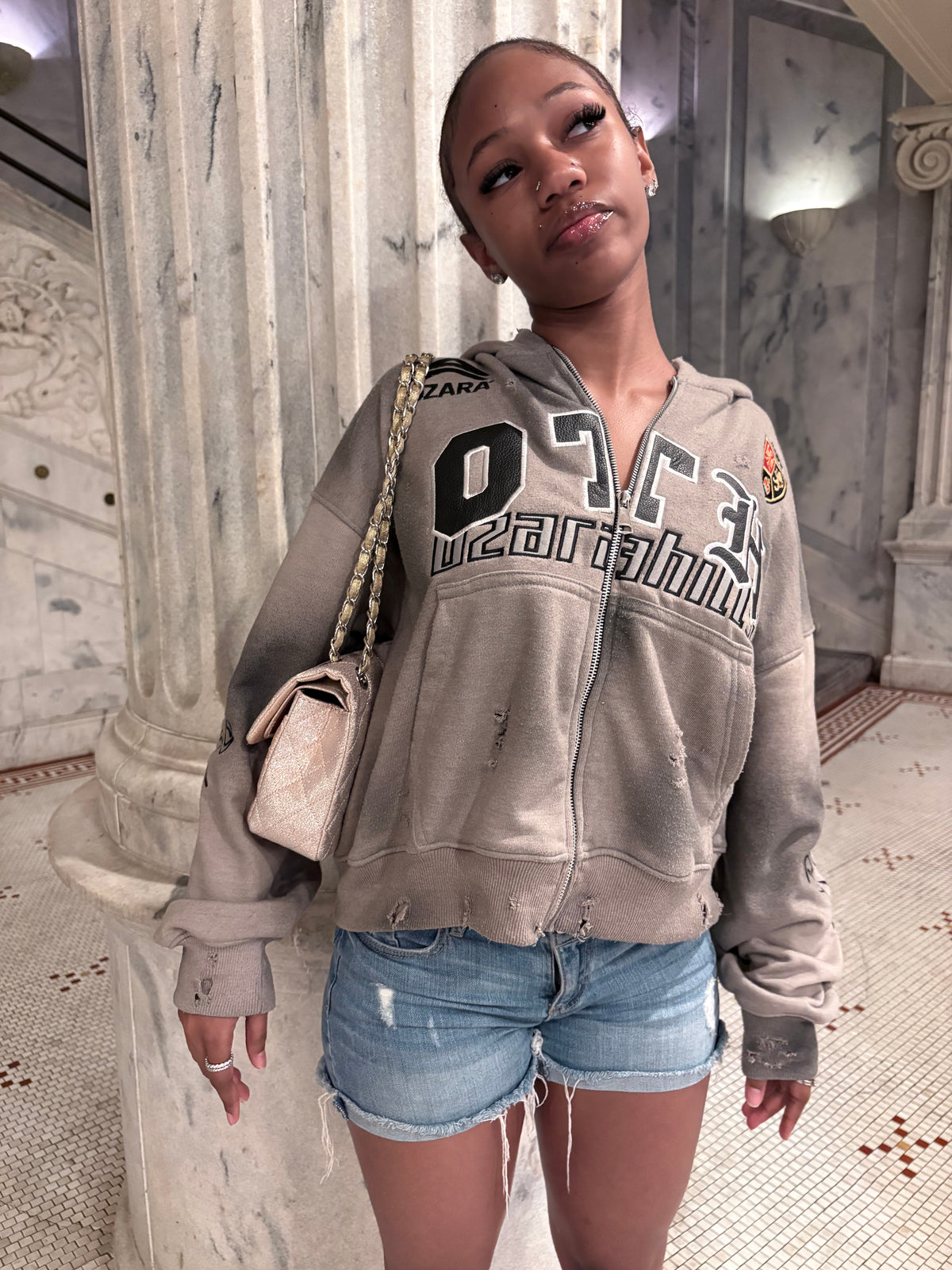 Grey Leather Patch Zip Up